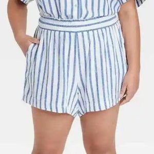 NWT Ava & Viv Plus Size Linen Blend Pull On Striped Shorts Blue White Pockets